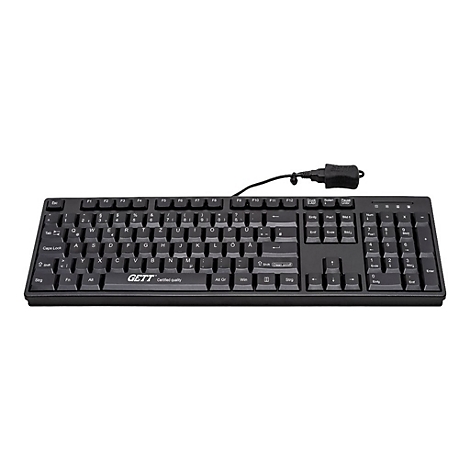 Schwarze, kabelgebundene Tastatur der Marke Gett mit deutschem QWERTZ-Layout vor weißem Hintergrund.