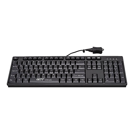 Schwarze, kabelgebundene Tastatur der Marke GETT mit deutschem Tastenlayout vor weißem Hintergrund.