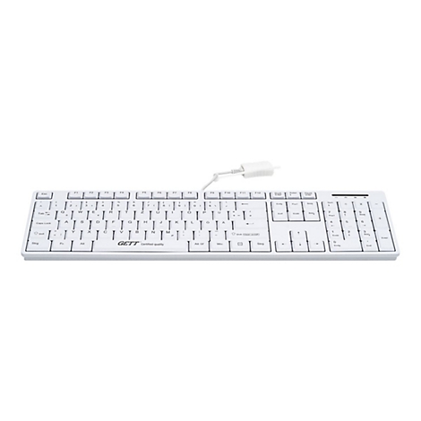 Weiße, kabelgebundene Tastatur mit deutschem Layout und GETT-Logo auf weißem Hintergrund.