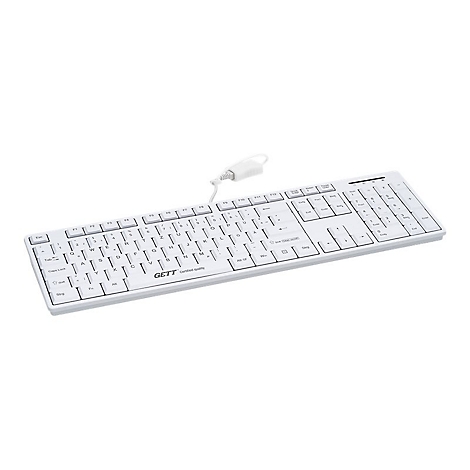 Weiße, kabelgebundene GETT Tastatur mit QWERTZ-Layout auf weißem Hintergrund.