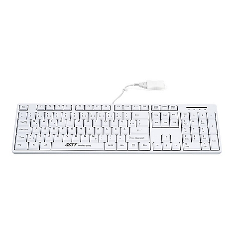 Weiße, kabelgebundene Tastatur von GETT mit deutschem Layout und USB-Anschluss vor neutralem Hintergrund.