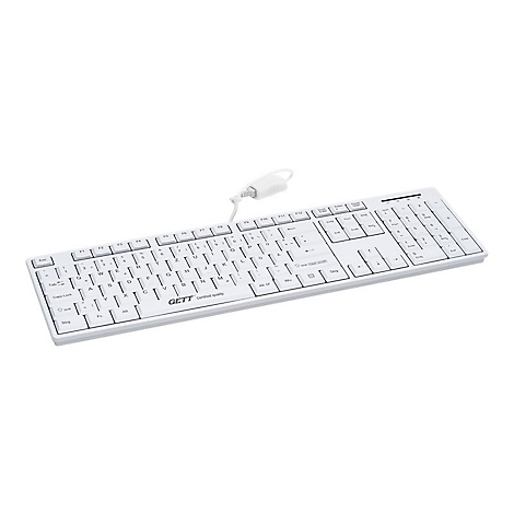 Weiße kabelgebundene Tastatur mit deutschem Layout und GETT-Logo auf weißem Hintergrund.