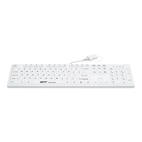 Weiße, wasserdichte Computertastatur mit Kabel und dem Firmenlogo GETT auf der Unterseite.
