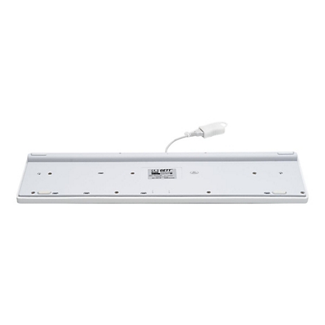 Rückseite einer weißen, kabelgebundenen Tastatur mit USB-Anschluss auf weißem Grund.