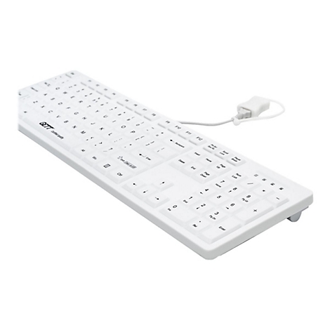 Weiße, kabelgebundene GETT-Tastatur auf weißem Hintergrund.