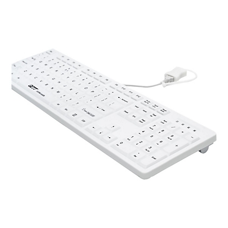 Weiße, kabelgebundene Tastatur vor weißem Hintergrund.