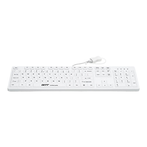 Weiße, abwaschbare Tastatur von GETT mit Kabel vor neutralem Hintergrund.