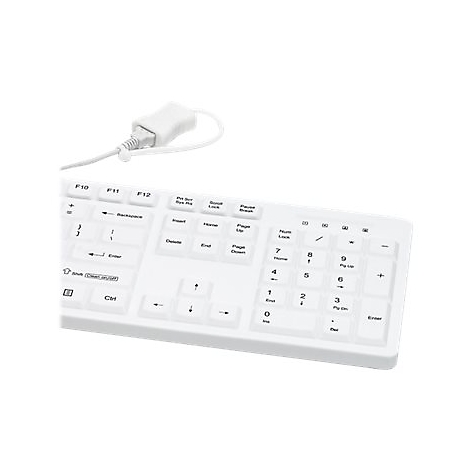 Nahaufnahme einer weißen, kabelgebundenen Tastatur mit Fokus auf dem Ziffernblock.