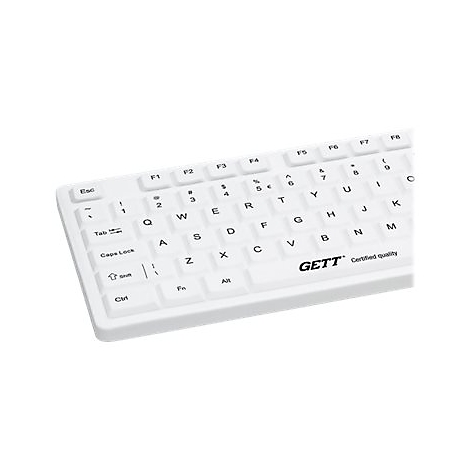 Weiße Computertastatur mit schwarzer Beschriftung und Gett-Logo.
