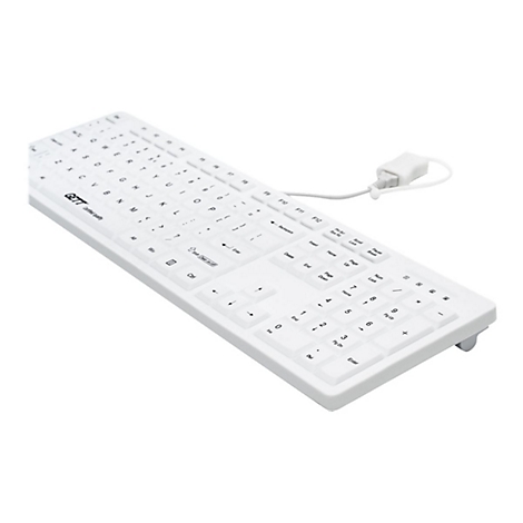 Weiße, kabelgebundene GETT-Tastatur auf weißem Hintergrund.