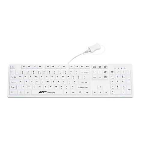 Weiße Tastatur von GETT mit Kabel vor neutralem Hintergrund.
