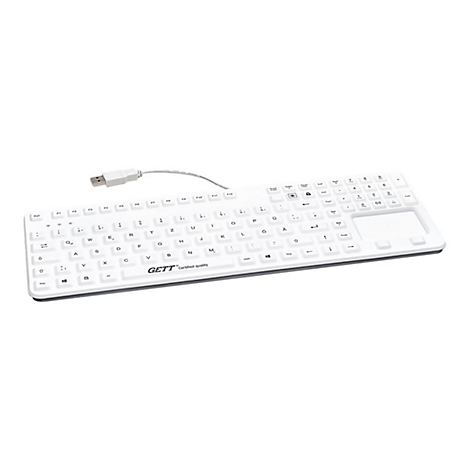 Weiße, wasserdichte Silikontastatur mit USB-Anschluss und integriertem Touchpad auf weißem Hintergrund.