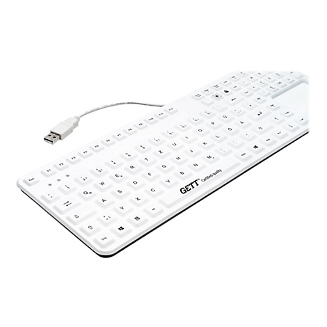 Weiße, flache Tastatur mit USB-Kabel vor weißem Hintergrund.