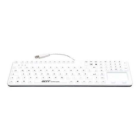 Weiße, abwaschbare GETT Tastatur mit integriertem Touchpad vor weißem Hintergrund.