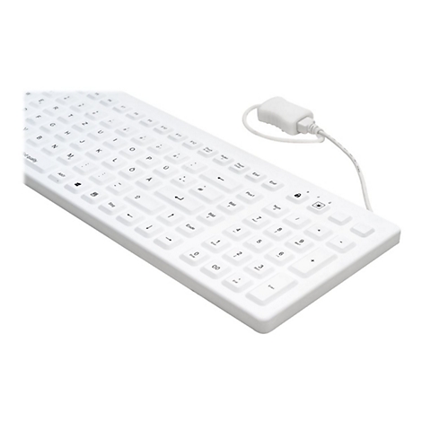 Weiße, kabelgebundene Tastatur mit deutschem Layout, seitlich fotografiert vor weißem Hintergrund.