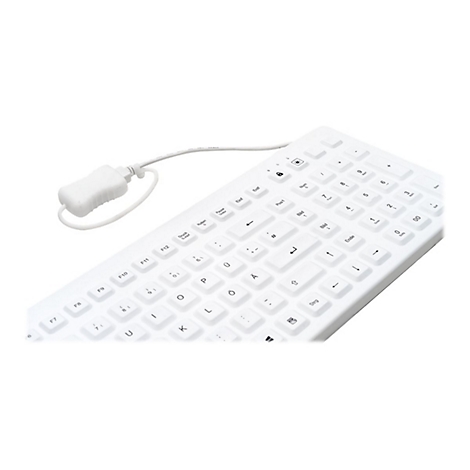 Weiße, kabelgebundene Tastatur in Nahaufnahme mit deutschem QWERTZ-Layout auf weißem Hintergrund.