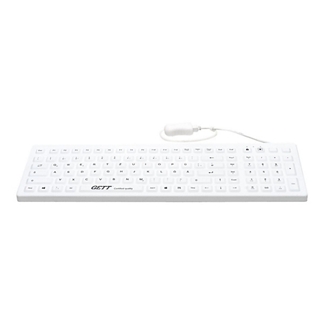 Weiße, abwaschbare Tastatur von Gett mit deutschem QWERTZ-Layout auf neutralem Hintergrund.