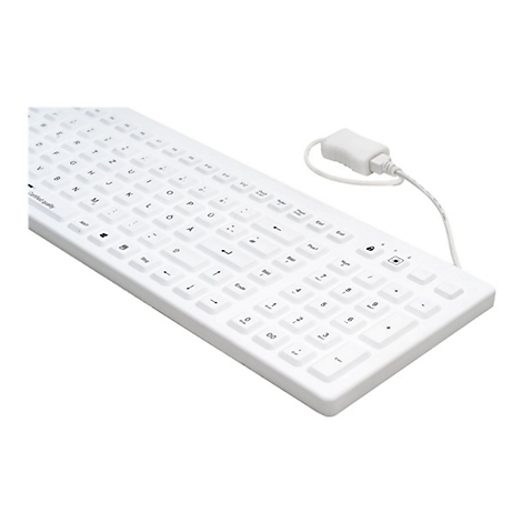 Weiße, kabelgebundene Tastatur im QWERTZ-Layout mit Ziffernblock auf weißem Hintergrund.