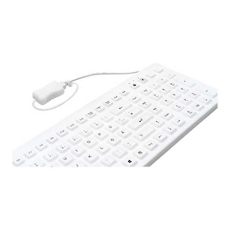 Weiße Computertastatur mit Kabelanschluss im Nahaufnahme-Winkel von oben.