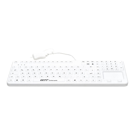 Weiße, flache Hygienetastatur mit integriertem Touchpad auf weißem Hintergrund.