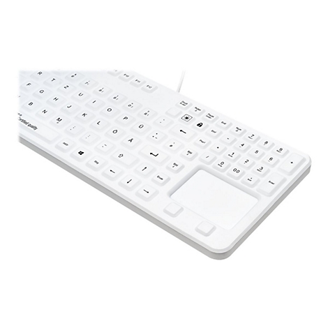 Weiße, hygienische Tastatur mit integriertem Touchpad in Nahaufnahme, auf weißem Hintergrund.