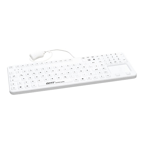Weiße, hygienische Industrietastatur mit integriertem Touchpad auf weißem Hintergrund.