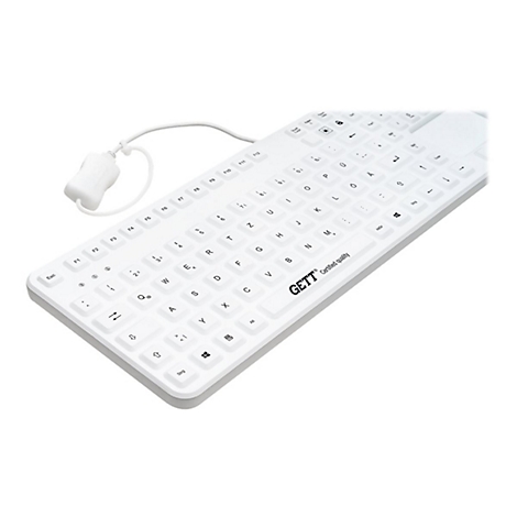 Weiße, kabelgebundene Tastatur mit flachen Tasten und GETT-Logo auf weißem Hintergrund.
