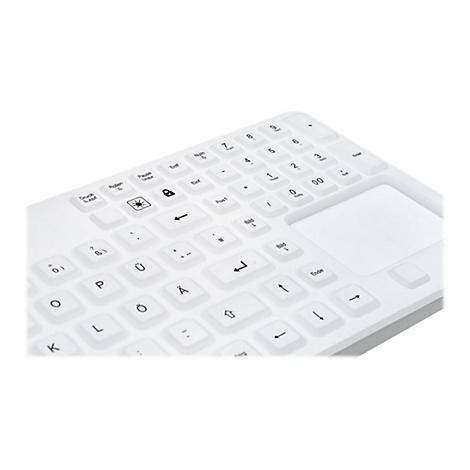 Nahaufnahme einer weißen Silikontastatur mit deutschem Layout und integriertem Touchpad.