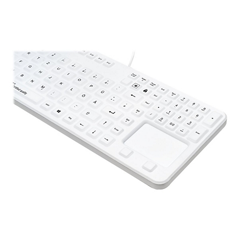 Weiße Tastatur mit integriertem Touchpad im Querformat auf weißem Hintergrund.