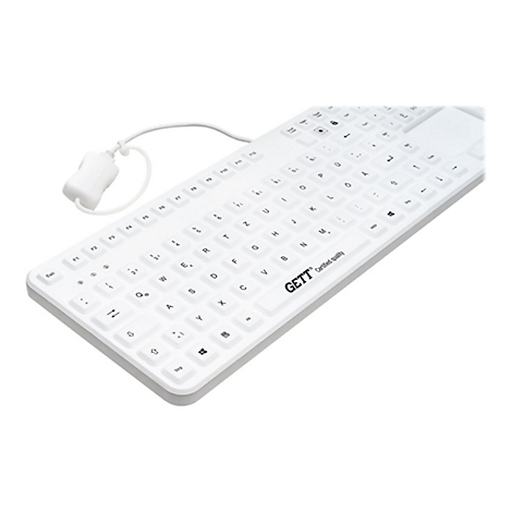 Weiße, kabelgebundene GETT Tastatur mit deutschem QWERTZ-Layout auf weißem Hintergrund.