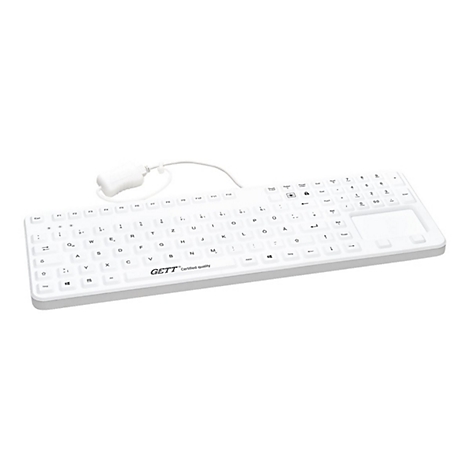Weiße hygienische Tastatur mit integriertem Touchpad auf weißem Hintergrund.
