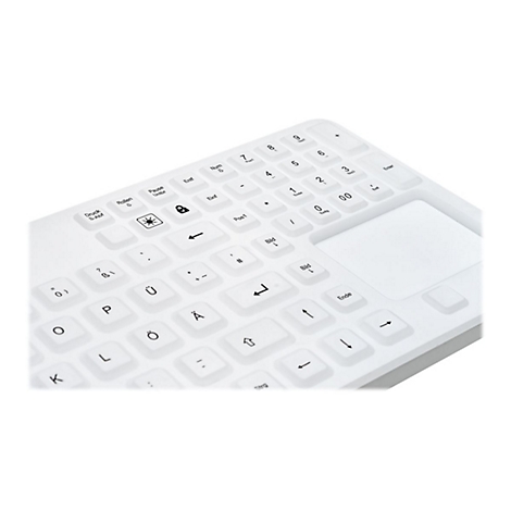 Nahaufnahme einer weißen Tastatur mit deutschem Layout und integriertem Touchpad auf der rechten Seite.