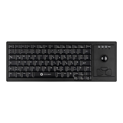 Schwarze Tastatur mit integriertem Trackball und Maus-Tasten auf der rechten Seite, deutsches QWERTZ-Layout.