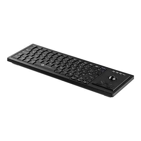 Schwarze, flache Industrie-Tastatur mit integriertem Trackball und Maus-Tasten auf der rechten Seite.