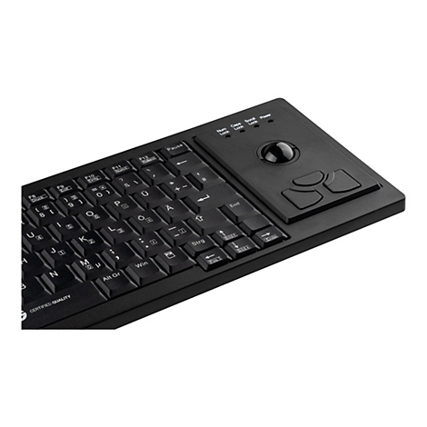 Schwarze Tastatur mit integriertem Trackball und Maustasten auf der rechten Seite vor weißem Hintergrund.
