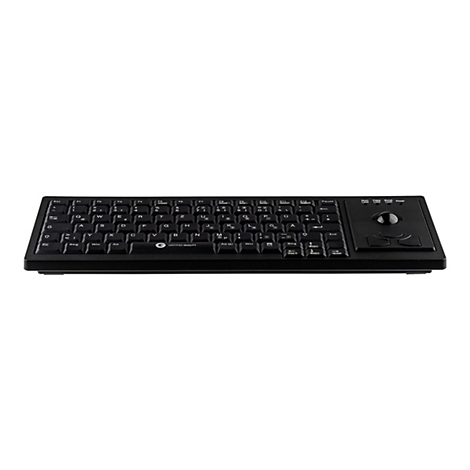 Schwarze Tastatur mit deutschem QWERTZ-Layout und integriertem Trackball auf der rechten Seite vor weißem Hintergrund.