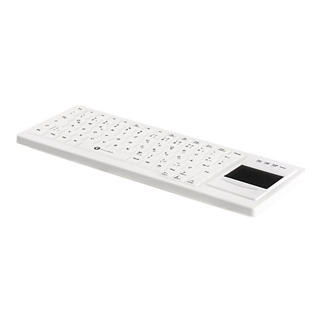 Weiße, flache Kompakt-Tastatur mit integriertem Touchpad auf der rechten Seite vor weißem Hintergrund.