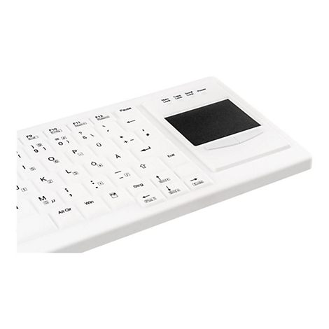 Nahaufnahme einer weißen Tastatur mit integriertem Touchpad und deutschen Tastenbeschriftungen.