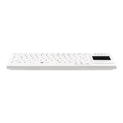 Weiße, flache Tastatur mit integriertem Touchpad auf der rechten Seite, in flacher Frontalansicht.