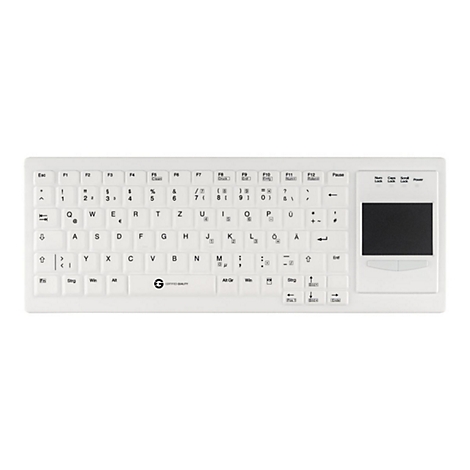 Weiße, flache Tastatur mit deutschem Layout und integriertem Touchpad auf der rechten Seite.