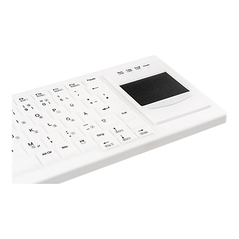 Weiße, flache Industrie-Tastatur mit integriertem schwarzem Touchpad im rechten Bereich.