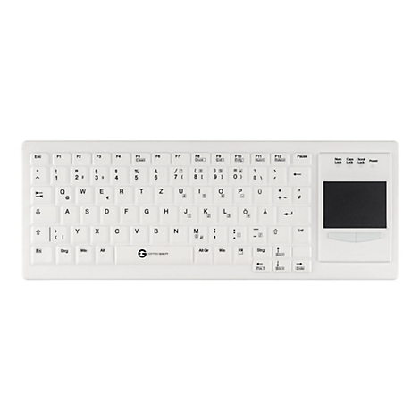 Weiße, flache Tastatur mit deutschem QWERTZ-Layout und integriertem Touchpad auf der rechten Seite.