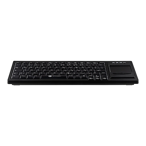 Schwarze Tastatur mit deutschem Layout und integriertem Touchpad rechts vor weißem Hintergrund.