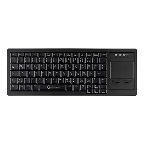 Schwarze Industrietastatur mit deutschem Layout und integriertem Touchpad auf weißem Hintergrund.