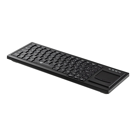 Schwarze, flache Tastatur mit integriertem Touchpad auf der rechten Seite, isoliert auf weißem Hintergrund.