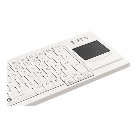 Weiße Tastatur mit integriertem Touchpad rechts, in der Draufsicht schräg von rechts fotografiert.