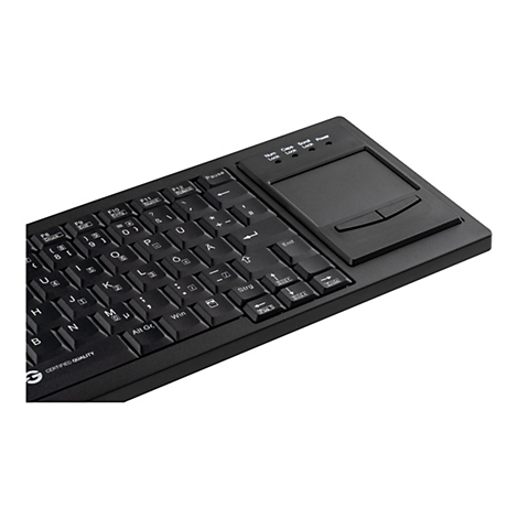 Schwarze Tastatur mit integriertem Touchpad und deutschen Tastenbeschriftungen auf weißem Hintergrund.