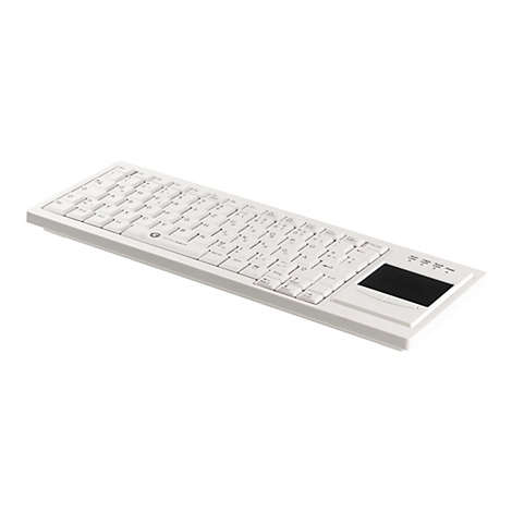 Weiße, flache Tastatur mit integriertem Touchpad auf der rechten Seite vor weißem Hintergrund.