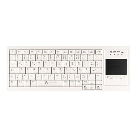 Weiße Tastatur mit deutschem Layout und integriertem Touchpad auf der rechten Seite vor weißem Hintergrund.