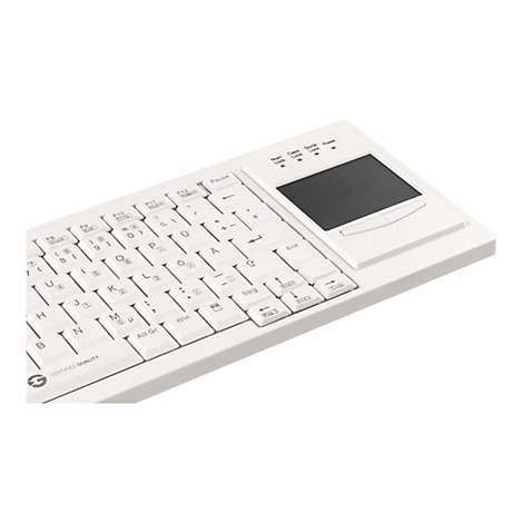 Weiße Tastatur mit integriertem Touchpad und deutschen Tastenbeschriftungen, schräg von oben betrachtet.